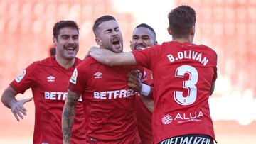 MALLORCA, SPAIN - APRIL 11: Dani Rodriguez of Mallorca celebrates after scoring his team&#039;s first goal during the Liga Smartbank match betwen RCD Mallorca and CD Lugo at Estadi de Son Moix on April 11, 2021 in Mallorca, Spain. (Photo by Cristian Truji