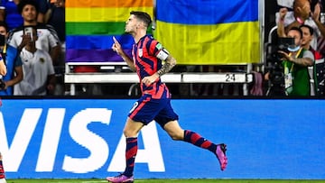 USA&#039;s Christian Pulisic celebrates after scoring a goal during US Menx92s National Teamx92s 2022 FIFA World Cup Qualifier vs. Panama at Exploria Stadium in Orlando, Florida on March 27, 2022. (Photo by CHANDAN KHANNA / AFP)