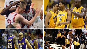 Arriba y de izquierda a derecha, Michael Jordan saluda a Steve Kerr y Saquille O&acute;Nral y Rick Fox hacen lo propio con Robert Horry; abajo y en el mismo orden, Kobe Bryant felicita a Derek Fisher y Ray Allen se dispone a anotar un triple en el sexto partido de las Finales de la NBA 2013