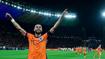 Netherlands' forward #11 Cody Gakpo celebrates after the UEFA Euro 2024 quarter-final football match between the Netherlands and Turkey at the Olympiastadion in Berlin on July 6, 2024. (Photo by JOHN MACDOUGALL / AFP)