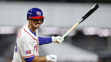SAN JUAN, PUERTO RICO - MARCH 07: Nolan Arenado #28 of Team Puerto Rico reacts after hitting a sacrifice fly against Team Panama during the sixth inning at Hiram Bithorn Stadium on March 07, 2026 in San Juan, Puerto Rico. Al Bello/Getty Images/AFP (Photo by AL BELLO / GETTY IMAGES NORTH AMERICA / Getty Images via AFP)