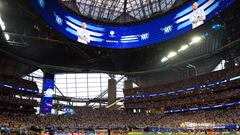 Canada's and Argentina's players warm up ahead of the Conmebol 2024 Copa America tournament group A football match between Argentina and Canada at Mercedes Benz Stadium in Atlanta, Georgia, on June 20, 2024. (Photo by CHARLY TRIBALLEAU / AFP)