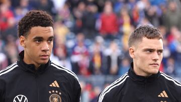 EAST HARTFORD, CONNECTICUT - OCTOBER 14: Florian Wirtz and Jamal Musiala look on prior to the international friendly match between Germany and United States at Pratt & Whitney Stadium on October 14, 2023 in East Hartford, Connecticut.   Alex Grimm/Getty Images/AFP (Photo by ALEX GRIMM / GETTY IMAGES NORTH AMERICA / Getty Images via AFP)