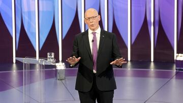 Scottish First Minister and SNP leader John Swinney speaks during a BBC Question Time Leaders' Special in York, Britain June 20, 2024. Stefan Rousseau/Pool via REUTERS