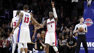 Mar 9, 2017; Auburn Hills, MI, USA; Detroit Pistons guard Reggie Jackson (1) holds up one finger after making a free throw during the fourth quarter against the Cleveland Cavaliers at The Palace of Auburn Hills. Pistons won 106-101. Mandatory Credit: Raj Mehta-USA TODAY Sports