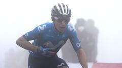 Team Movistar&#039;s Colombian rider Miguel Angel Lopez celebrates as he wins the 18th stage of the 2021 La Vuelta cycling tour of Spain, a 162.6 km race from Salas to Altu d&#039;El Gamoniteiru in Pola de Lena, on September 2, 2021. (Photo by MIGUEL RIOPA / AFP)