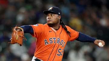 SEATTLE, WASHINGTON - SEPTEMBER 27: Framber Valdez #59 of the Houston Astros pitches during the first inning against the Seattle Mariners at T-Mobile Park on September 27, 2023 in Seattle, Washington.   Steph Chambers/Getty Images/AFP (Photo by Steph Chambers / GETTY IMAGES NORTH AMERICA / Getty Images via AFP)