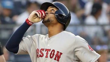 NEW YORK, NEW YORK - JUNE 02: Xander Bogaerts #2 of the Boston Red Sox reacts at home plate after his fourth inning home run against the New York Yankees at Yankee Stadium on June 02, 2019 in New York City.   Jim McIsaac/Getty Images/AFP
 == FOR NEWSPAPER