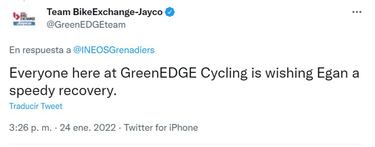 El mensaje del Team Bike Exchange a Egan Bernal