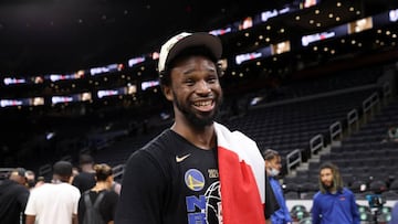 BOSTON, MA - JUNE 16: Andrew Wiggins #22 of the Golden State Warriors smiles after Game Six of the 2022 NBA Finals on June 16, 2022 at TD Garden in Boston, Massachusetts. NOTE TO USER: User expressly acknowledges and agrees that, by downloading and or using this photograph, user is consenting to the terms and conditions of Getty Images License Agreement. Mandatory Copyright Notice: Copyright 2022 NBAE (Photo by Joe Murphy/NBAE via Getty Images)