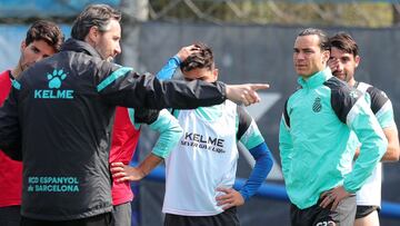 Vicente Moreno, Raúl de Tomás y la plantilla del Espanyol.