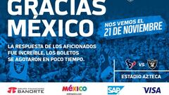 La NFL agradece a México por agotar boletos del Raiders - Texans