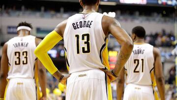INDIANAPOLIS, IN - APRIL 12: Paul George #13 of the Indiana Pacers waits for the game to restart against the Atlanta Hawks at Bankers Life Fieldhouse on April 12, 2017 in Indianapolis, Indiana. NOTE TO USER: User expressly acknowledges and agrees that, by downloading and or using this photograph, User is consenting to the terms and conditions of the Getty Images License Agreement Andy Lyons/Getty Images/AFP
== FOR NEWSPAPERS, INTERNET, TELCOS & TELEVISION USE ONLY ==