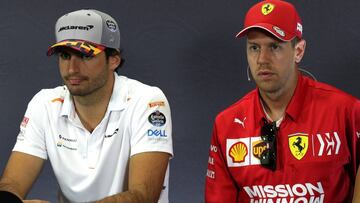 Carlos Sainz y Sebastian Vettel en la rueda de prensa de Baercelona 2019.