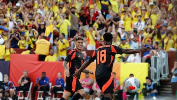 Jun 8, 2024; Landover, Maryland, USA; Colombia forward Luis Sinisterra (18) celebrates with Colombia midfielder Jorge Carrascal (8) after scoring a goal against the United States in the second half at Commanders Field. Mandatory Credit: Geoff Burke-USA TODAY Sports