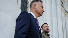 Ukraine's President Volodymyr Zelenskiy and Polish President Andrzej Duda appear after commemorating victims of World War II at the Saint Peter and Paul Cathedral, amid Russia's attack on Ukraine, in Lutsk, Ukraine July 9, 2023. REUTERS/Alina Smutko