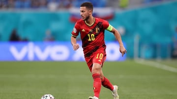 SAINT PETERSBURG, RUSSIA - JUNE 21: Eden Hazard of Belgium runs with the ball during the UEFA Euro 2020 Championship Group B match between Finland and Belgium at Saint Petersburg Stadium on June 21, 2021 in Saint Petersburg, Russia. (Photo by Lars Baron/G