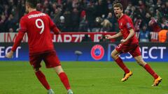 Thomas M&uuml;ller celebrates scoring his team&#039;s second goal. 