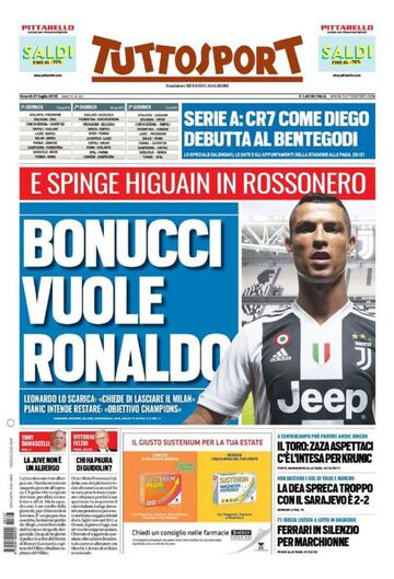 Portada del diario italiano Tuttosport del día 27 de julio de 2018.