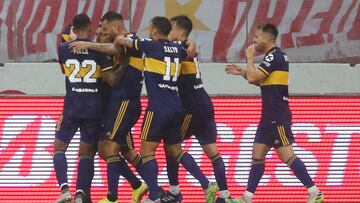 Soccer Football - Copa Libertadores - Round of 16 - First Leg - Internacional v Boca Juniors - Beira Rio Stadium, Porto Alegre, Brazil - December 2, 2020 Boca Juniors&#039; Carlos Tevez celebrates scoring their first goal with teammates Pool via REUTERS/Diego Vara