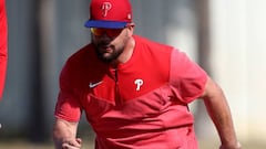 CLEARWATER, FL - FEBRUARY 21: Philadelphia Phillies outfielder Kyle Schwarber (12) runs the bases during the spring training workout at Carpenter Complex on February 21, 2023 in Clearwater, Florida. (Photo by Cliff Welch/Icon Sportswire via Getty Images)