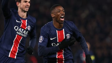 Paris Saint-Germain's French forward #10 Ousmane Dembele celebrates scoring his team's first goal during the French L1 football match between Paris Saint-Germain (PSG) and Olympique de Marseille (OM) at the Parc des Princes Stadium in Paris, on March 16, 2025. (Photo by FRANCK FIFE / AFP)