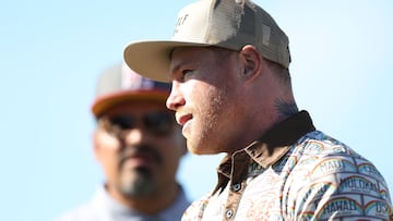 PEBBLE BEACH, CALIFORNIA - FEBRUARY 03: Boxer Canelo Alvarez looks on during the first round of the AT&T Pebble Beach Pro-Am at Monterey Peninsula Country Club on February 03, 2022 in Pebble Beach, California. Jed Jacobsohn/Getty Images/AFP
== FOR NEWSPAPERS, INTERNET, TELCOS & TELEVISION USE ONLY ==