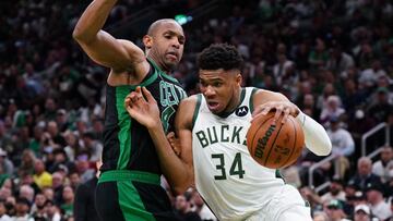 May 1, 2022; Boston, Massachusetts, USA; Milwaukee Bucks forward Giannis Antetokounmpo (34) drives the ball against Boston Celtics center Al Horford (42) in the second half during game one of the second round for the 2022 NBA playoffs at TD Garden. Mandatory Credit: David Butler II-USA TODAY Sports
