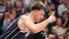 Luka Doncic #77 of the Dallas Mavericks reacts after making a 3-pt basket during the second half against the San Antonio Spurs at American Airlines Center on December 23, 2023 in Dallas, Texas.