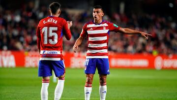 03-11 Granada CF-Levante UD correspondiente a la jornada 14 de la Liga Smartbank (Segunda Divisin) disputado en el Estadio Nuevo los Carmenes. En la imagen Carlos Neva (Granada CF) y Uzuni (Granada CF)
