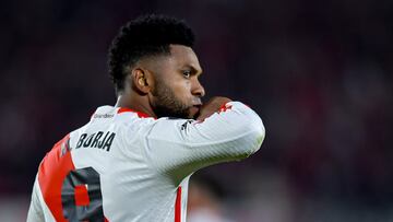 BUENOS AIRES, ARGENTINA - MAY 30: Miguel Borja of River Plate celebrates after scoring the team's first goal during a Copa CONMEBOL Libertadores 2024 Group H match between River Plate and Deportivo Tachira at Estadio M·s Monumental Antonio Vespucio Liberti on May 30, 2024 in Buenos Aires, Argentina. (Photo by Marcelo Endelli/Getty Images)
