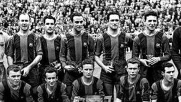 Arriba: Ramallets, César, Seguer, Biosca, Martín, Bosch y Velasco; abajo: Kubala, Basora, Gonzalvo III, Vila, Manchón y Mur.