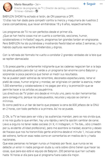 Un director de ‘Babylon Show’ estalla tras la cancelación del programa.