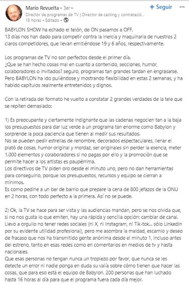 Un director de ‘Babylon Show’ estalla tras la cancelación del programa: “Me asombra el deseo de fracaso”
