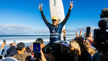 BELLS BEACH, VICTORIA, AUSTRALIA - APRIL 27: Isabella Nichols of Australia after winning the Final at the Rip Curl Pro Bells Beach on April 27, 2025 at Bells Beach, Victoria, Australia. (Photo by Cait Miers/World Surf League)
