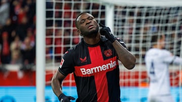 Leverkusen (Germany), 20/12/2023.- Leverkusen's Victor Boniface celebrates after scoring the 4-0 goal during the German Bundesliga soccer match between Bayer 04 Leverkusen and VfL Bochum in Leverkusen, Germany, 20 December 2023. (Alemania) EFE/EPA/CHRISTOPHER NEUNDORF CONDITIONS - ATTENTION: The DFL regulations prohibit any use of photographs as image sequences and/or quasi-video.
