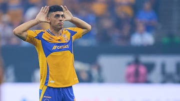 Juan Brunetta celebrates his goal 1-0 of Tigres during the match between Tigres UANL and Inter Miami as part of Group N of the 2024 Leagues Cup at NRG Stadium on August 03, 2024 in Houston, Texas, United States.
