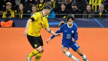 DORTMUND, GERMANY - FEBRUARY 15: (L-R) Niklas Sule of Borussia Dortmund, Joao Felix of Chelsea during the UEFA Champions League match between Borussia Dortmund v Chelsea at the Signal Iduna Park on February 15, 2023 in Dortmund Germany (Photo by Dennis Bresser/Soccrates/Getty Images)