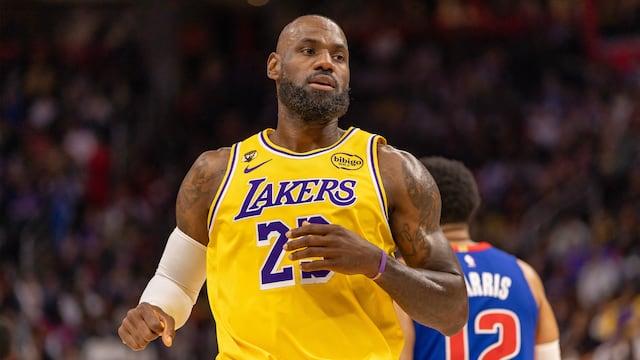 Mar 23, 2026; Detroit, Michigan, USA; Los Angeles Lakers LeBron James (23) runs up court against the Detroit Pistons during the first quarter at Little Caesars Arena. Mandatory Credit: David Reginek-Imagn Images