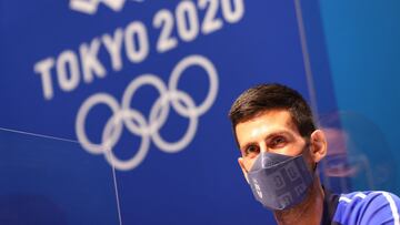 Tokyo 2020 Olympics - Serbian Olympic Committee Press Conference - Tokyo, Japan - July 22, 2021 Novak Djokovic of Serbia wears a protective face mask during the press conference REUTERS/Sergio Perez