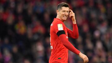 MUNICH, GERMANY - FEBRUARY 21: Robert Lewandowski of Bayern Munich reacts during the Bundesliga match between FC Bayern Muenchen and SC Paderborn 07 at Allianz Arena on February 21, 2020 in Munich, Germany. (Photo by Sebastian Widmann/Bongarts/Getty Image