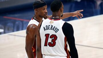 Jun 4, 2023; Denver, CO, USA; Miami Heat forward Jimmy Butler (22) and center Bam Adebayo (13) talk in the second quarter against the Denver Nuggets in game two of the 2023 NBA Finals at Ball Arena. Mandatory Credit: Isaiah J. Downing-USA TODAY Sports
