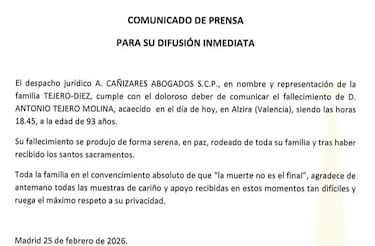 Muere Antonio Tejero, autor del golpe de Estado del 23-F, a los 93 años
