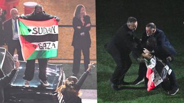 Activista muestra bandera de Palestina durante el Halftime Show del Super Bowl