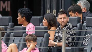Injured Inter Miami's Argentine forward #10 Lionel Messi (R) watches the Major League Soccer (MLS) tournament football match between Inter Miami CF and CF Montreal at Chase Stadium in Fort Lauderdale, Florida, on March 10, 2024. (Photo by Chris ARJOON / AFP)