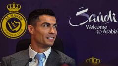 Portuguese forward Cristiano Ronaldo attends a press conference at the Mrsool Park Stadium in the Saudi capital Riyadh on January 3, 2023, ahead of the unveiling ceremony. (Photo by AFP) (Photo by -/AFP via Getty Images)