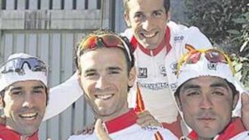 <b>CONJURADOS. </b>Astarloa, Valverde, Flecha y Perdiguero lideran hoy a España en el Mundial de Madrid.