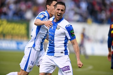 Miramón celebra un gol a la Llagostera con el Leganés en 2016.