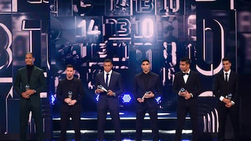 PARIS, FRANCE - FEBRUARY 27: Virgil van Dijk, Lionel Messi, Kylian Mbappe, Achraf Hakimi, Casemiro and Joao Cancelo are seen with their trophies after being included in the FIFA FIFPRO Men's World 11 2022 squad during The Best FIFA Football Awards 2022 on February 27, 2023 in Paris, France. (Photo by Joe Maher - FIFA/FIFA via Getty Images)