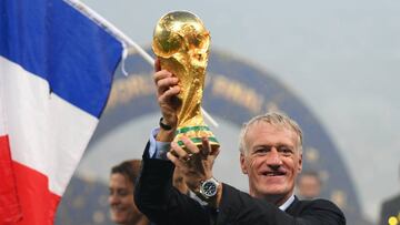 MOSCOW, RUSSIA - JULY 15: Didier Deschamps, Manager of France celebrates with the World Cup trophy following the 2018 FIFA World Cup Final between France and Croatia at Luzhniki Stadium on July 15, 2018 in Moscow, Russia. (Photo by Shaun Botterill/Getty Images)